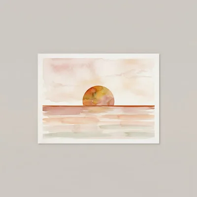 Watercolor Painting Of A Minimalist Sunset Over The Ocean