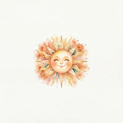 Watercolor Illustration Of A Smiling Sun With Ornate Details