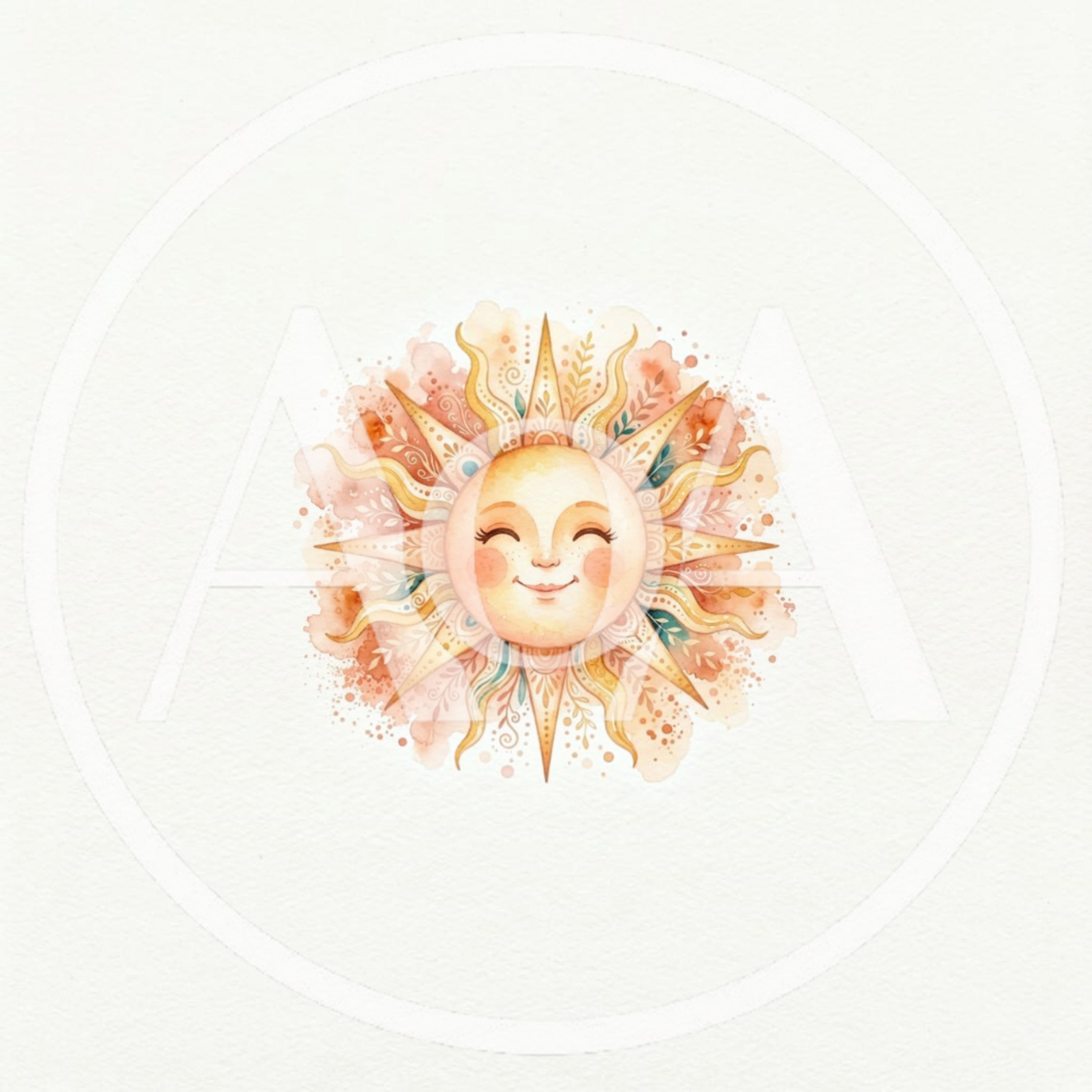 Watercolor Illustration Of A Smiling Sun With Ornate Details