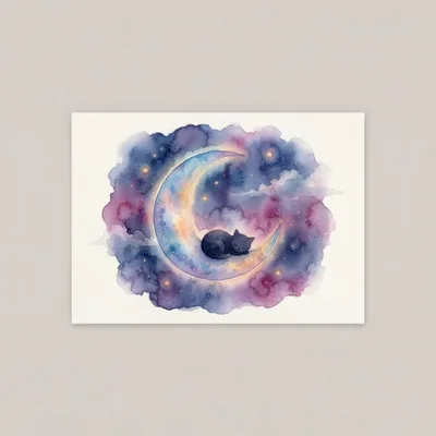 Watercolor Illustration Of A Sleeping Cat On A Crescent Moon