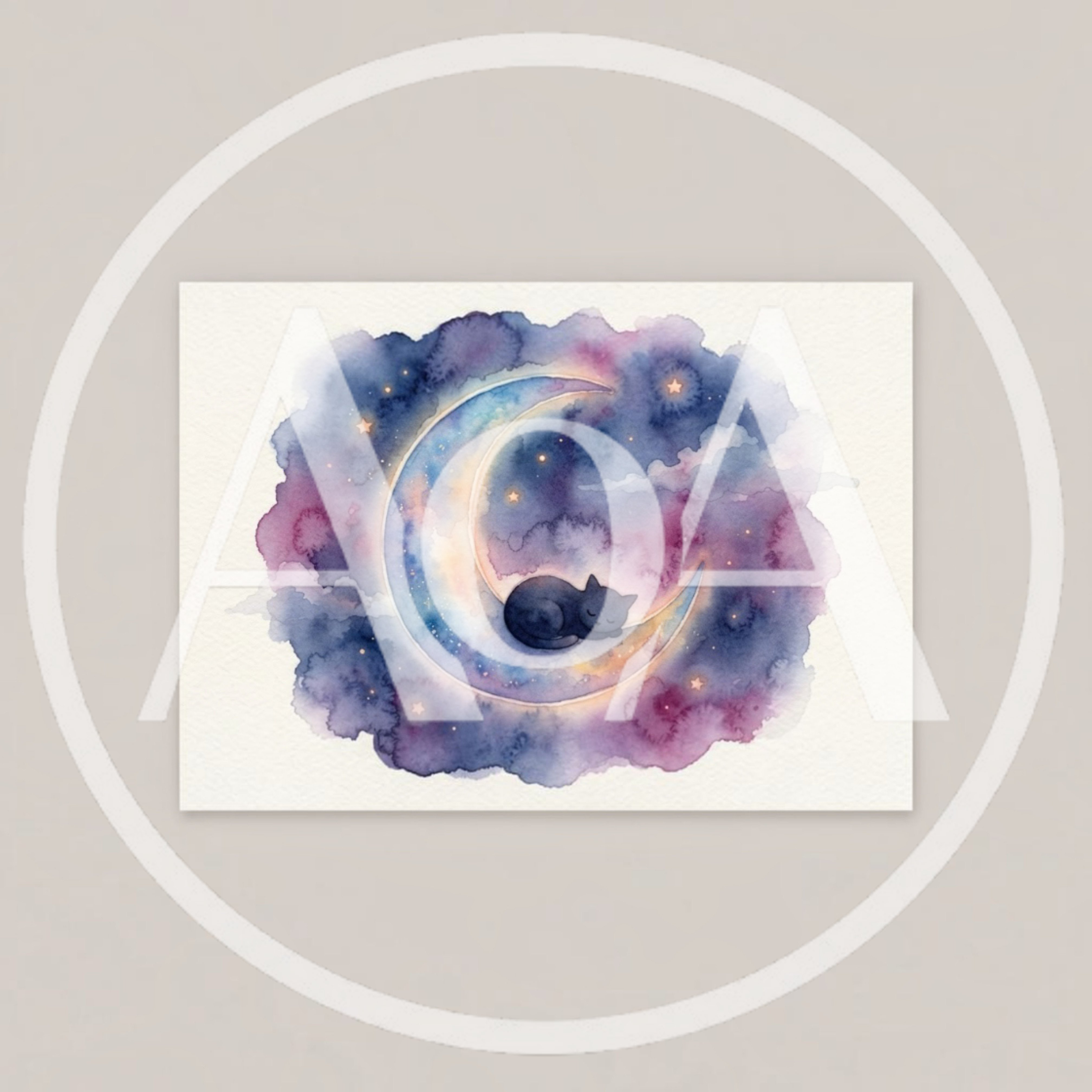 Watercolor Illustration Of A Sleeping Cat On A Crescent Moon