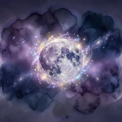 Full Moon Surrounded By Cosmic Nebula And Stardust