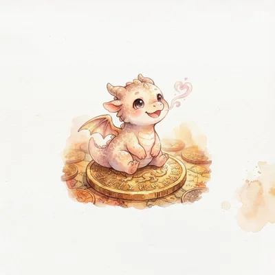 Cute Baby Dragon Sitting On Gold Coins