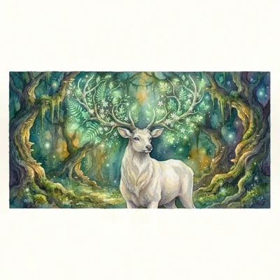 Watercolor Illustration Of A Magical Forest Stag