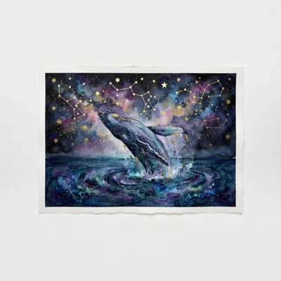 Watercolor Painting Of A Humpback Whale In Space
