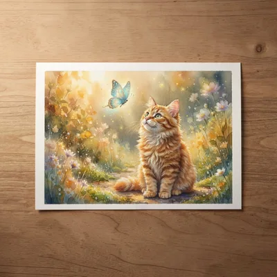 Watercolor Illustration Of A Fluffy Ginger Cat And Butterfly
