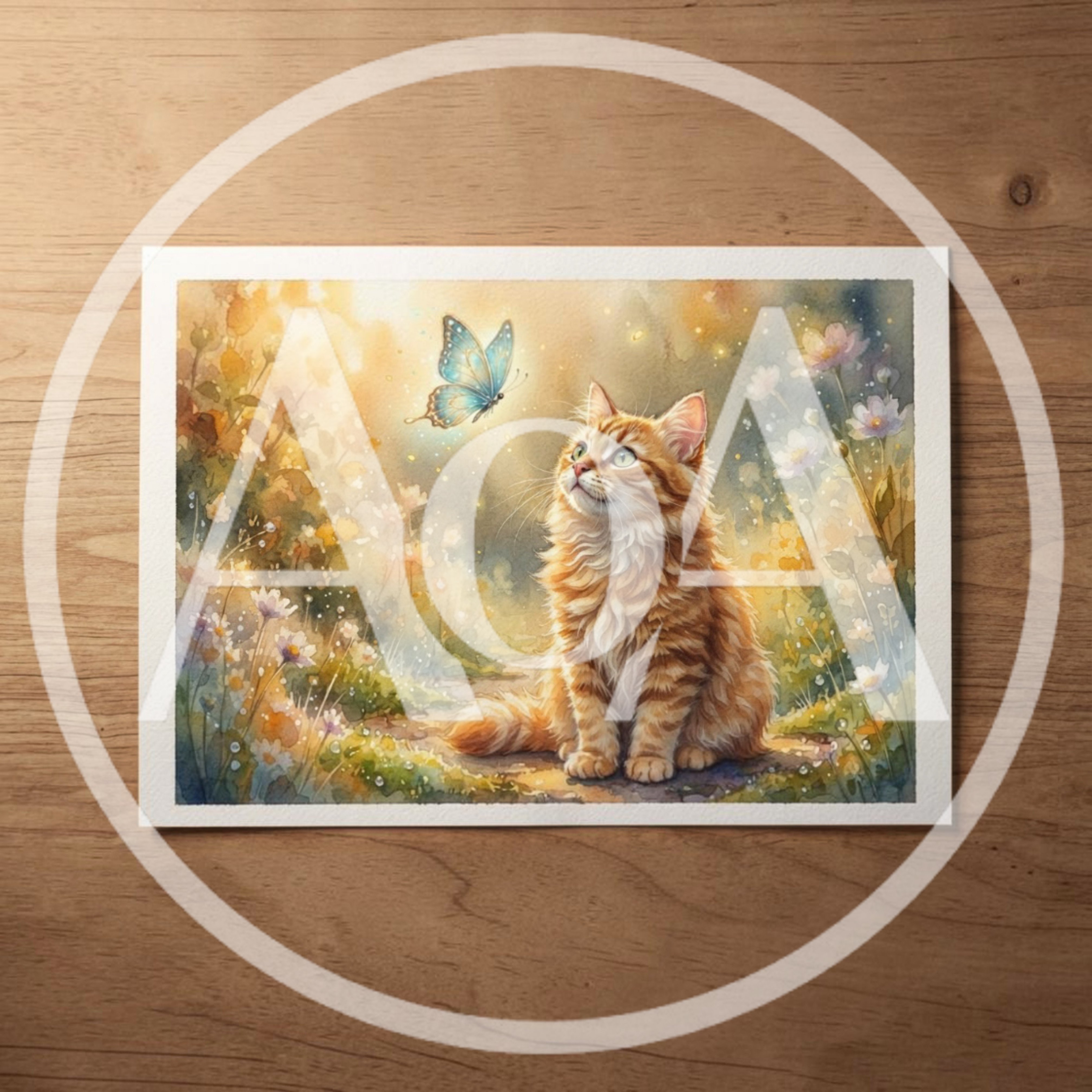 Watercolor Illustration Of A Fluffy Ginger Cat And Butterfly
