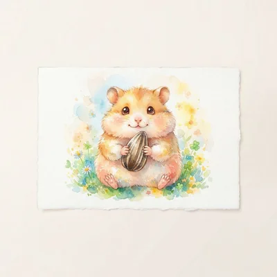 Watercolor Illustration Of A Cute Hamster Holding A Seed