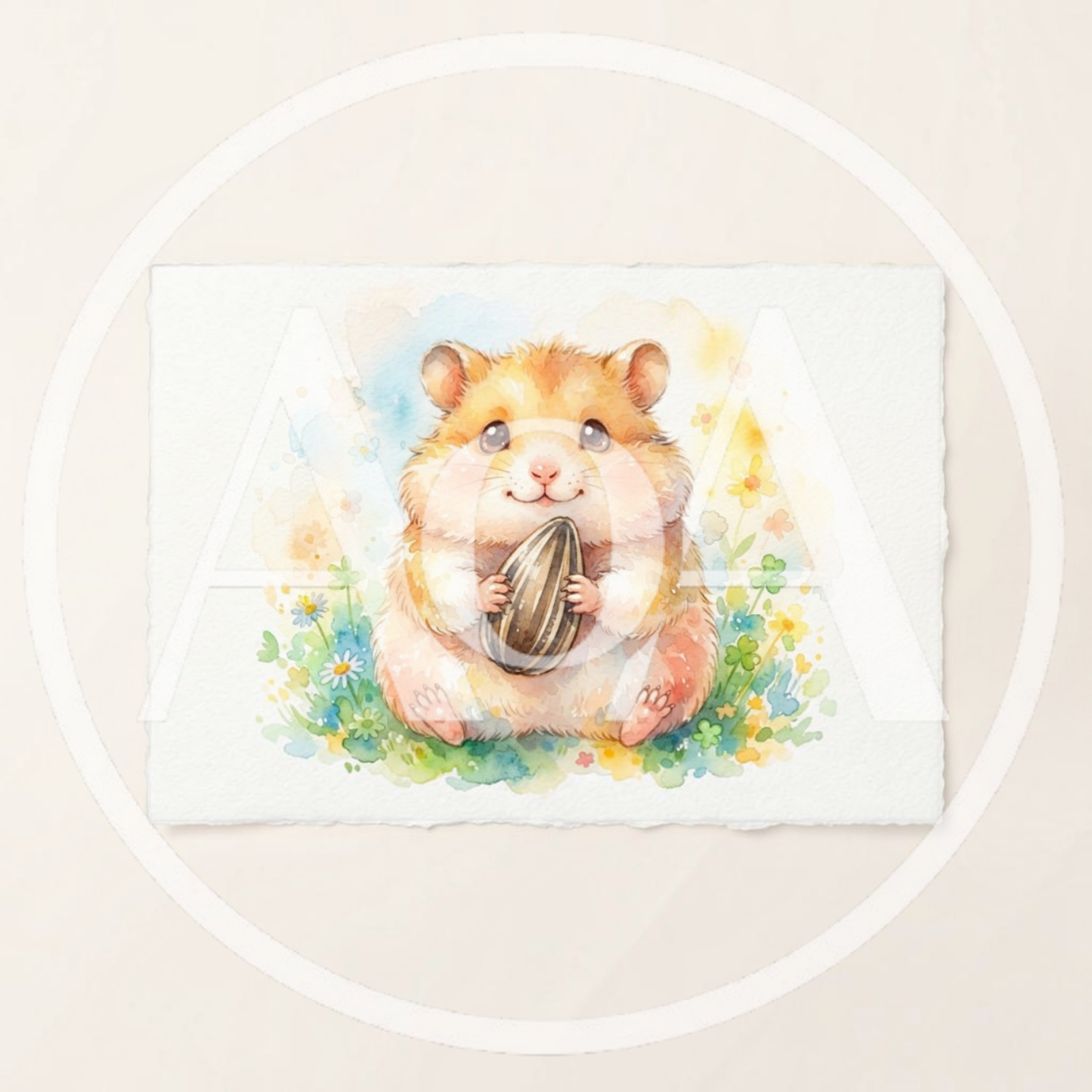 Watercolor Illustration Of A Cute Hamster Holding A Seed