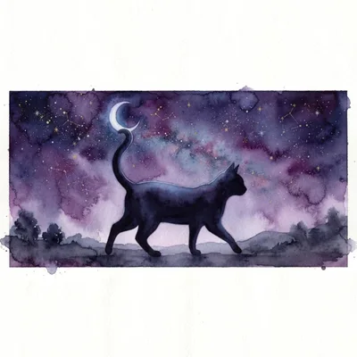 Watercolor Illustration Of A Black Cat Under Starry Sky