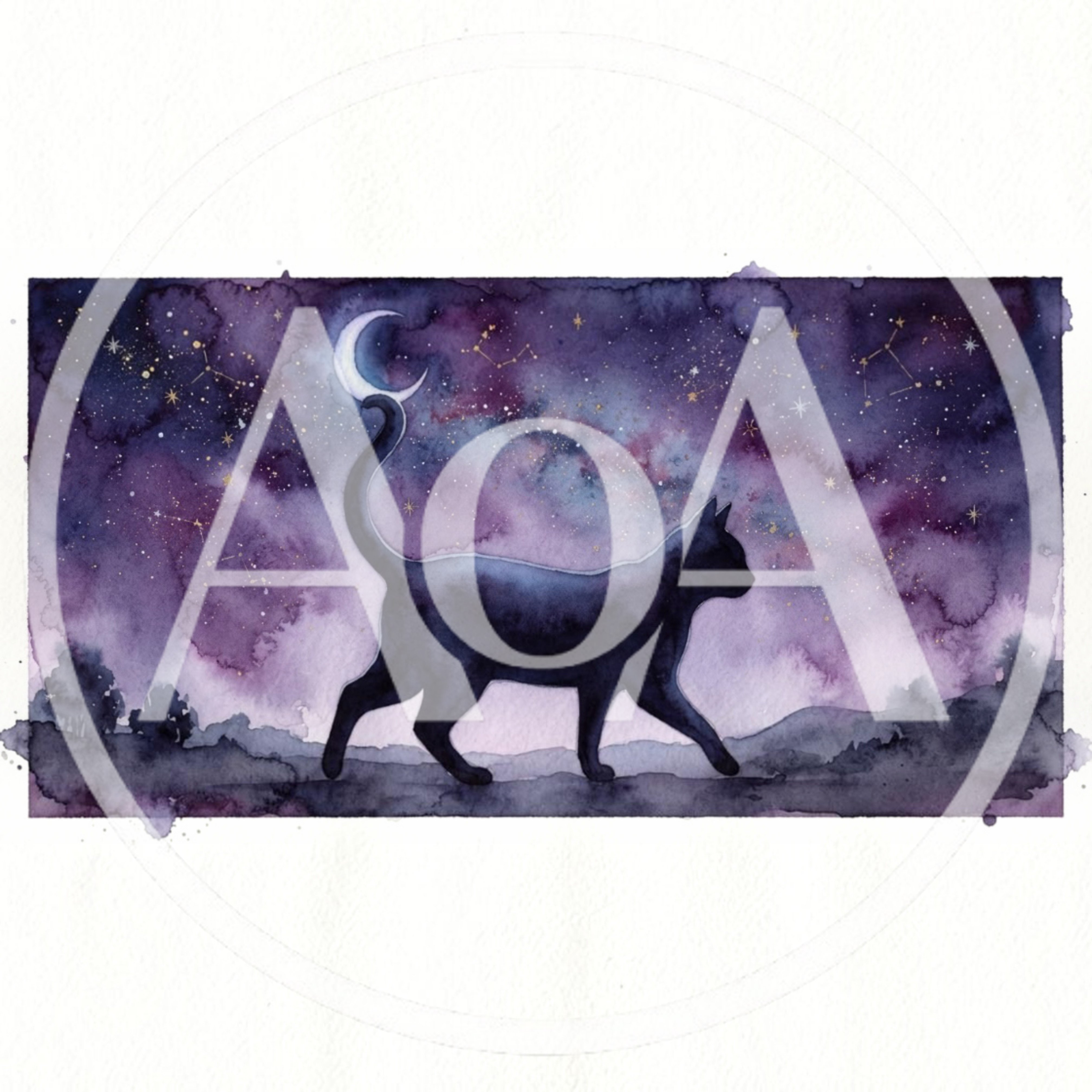 Watercolor Illustration Of A Black Cat Under Starry Sky