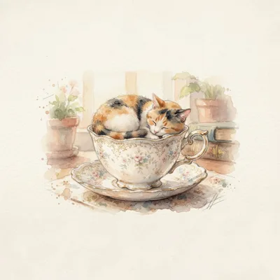 Watercolor Illustration Of A Calico Cat Sleeping In Teacup