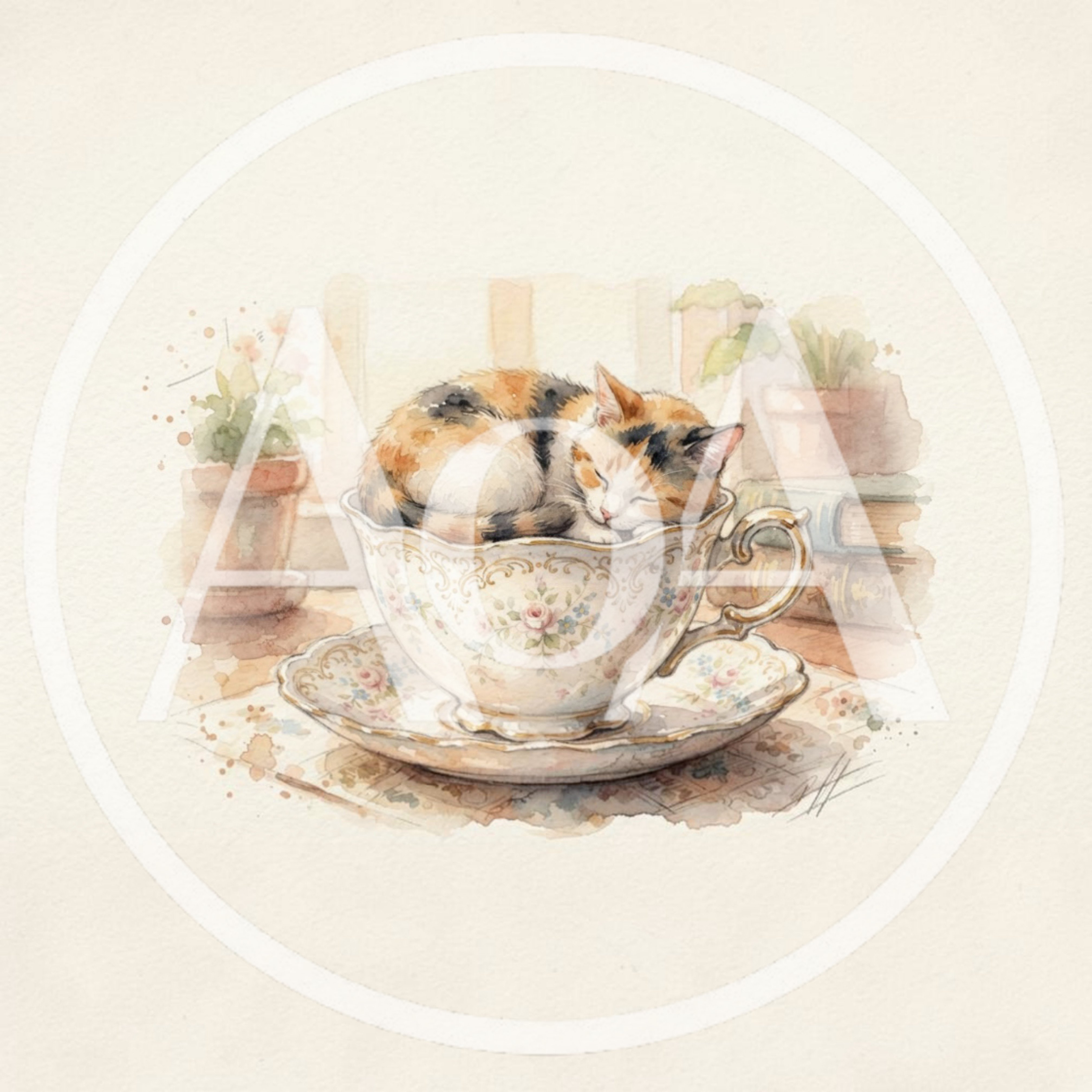 Watercolor Illustration Of A Calico Cat Sleeping In Teacup