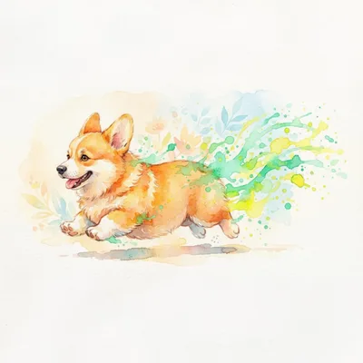 Watercolor Illustration Of A Running Corgi Dog