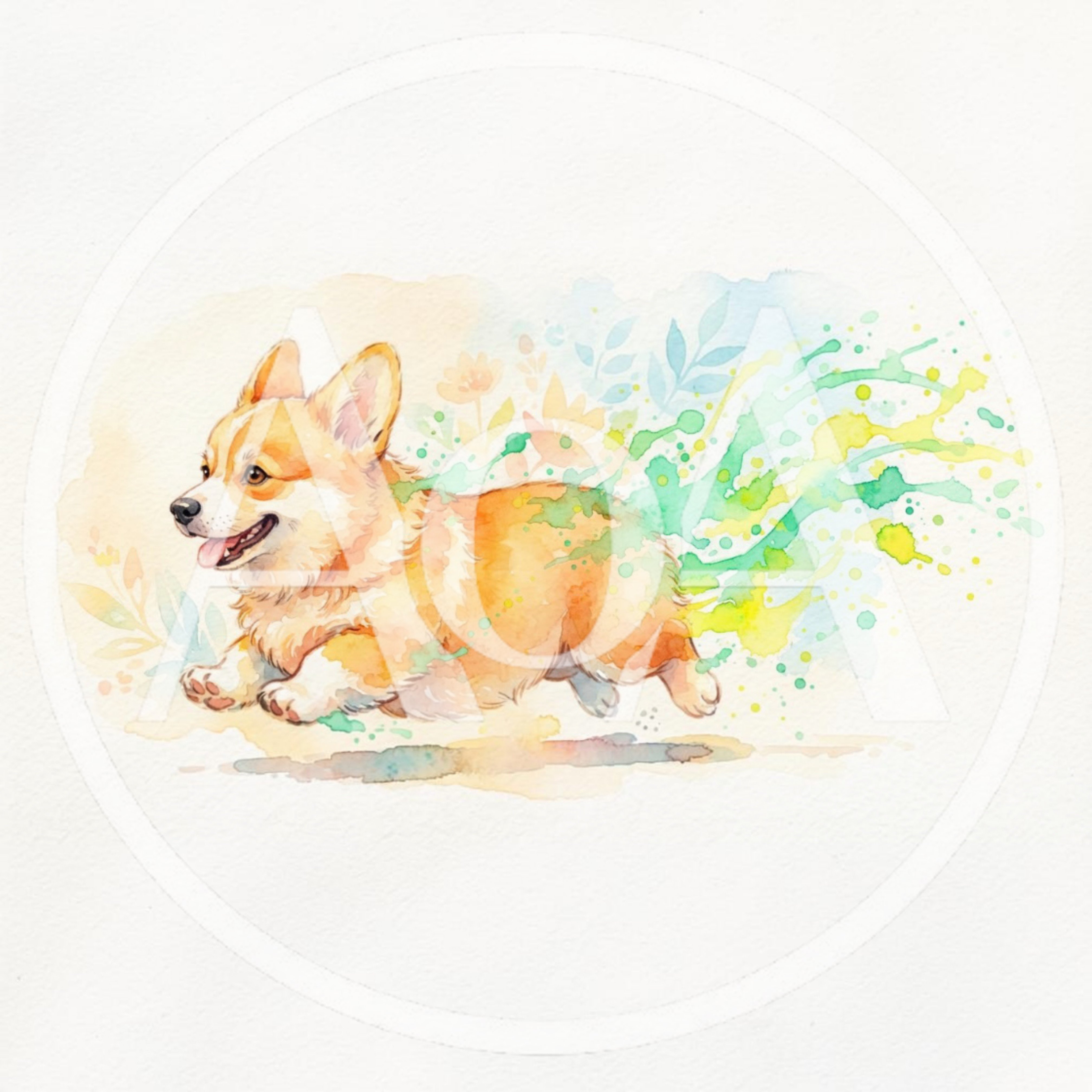 Watercolor Illustration Of A Running Corgi Dog