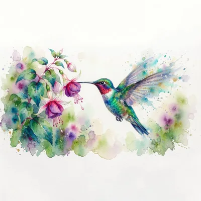 Watercolor Hummingbird Feeding From Fuchsia Flowers