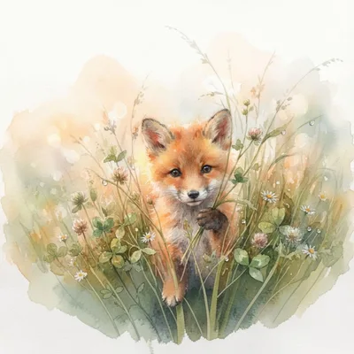 Watercolor Illustration Of A Cute Baby Fox
