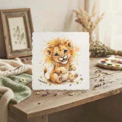 Watercolor Illustration Of A Cute Baby Lion Cub