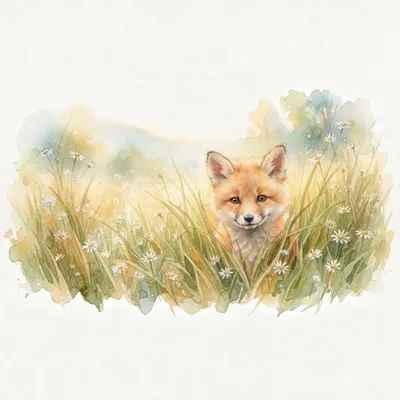 Watercolor Illustration Of A Cute Fox In Daisies