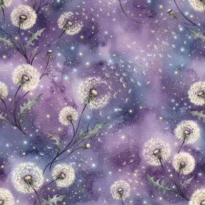 Watercolor Dandelion Seeds Floating In Cosmic Purple Sky