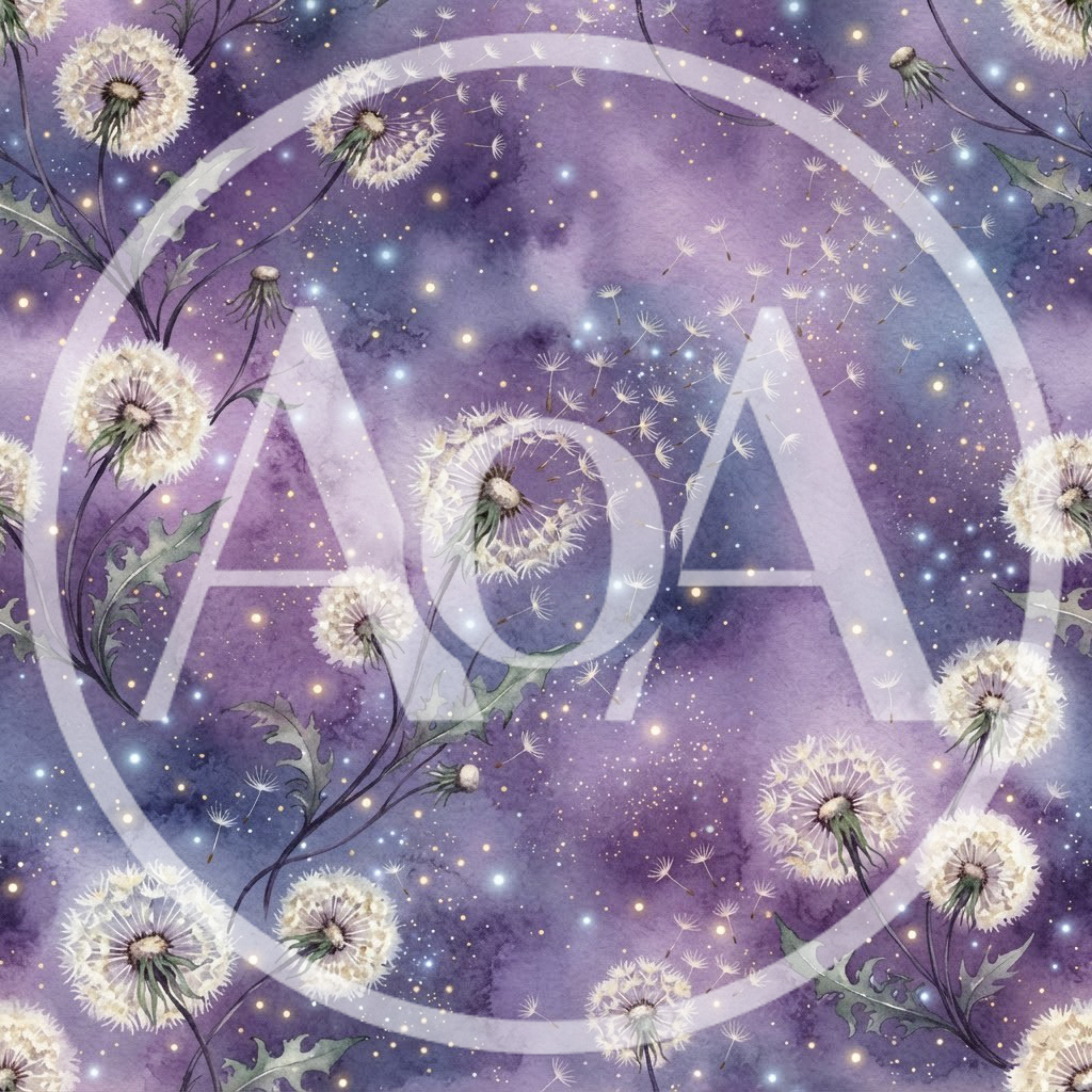 Watercolor Dandelion Seeds Floating In Cosmic Purple Sky