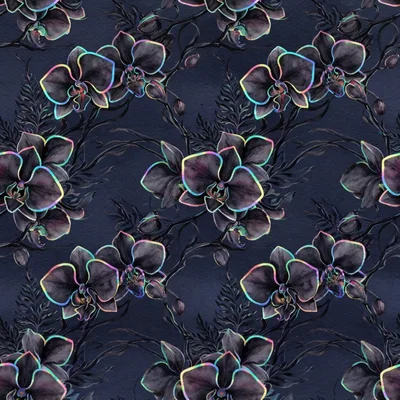 Seamless Pattern Of Dark Watercolor Orchids With Iridescent Edges