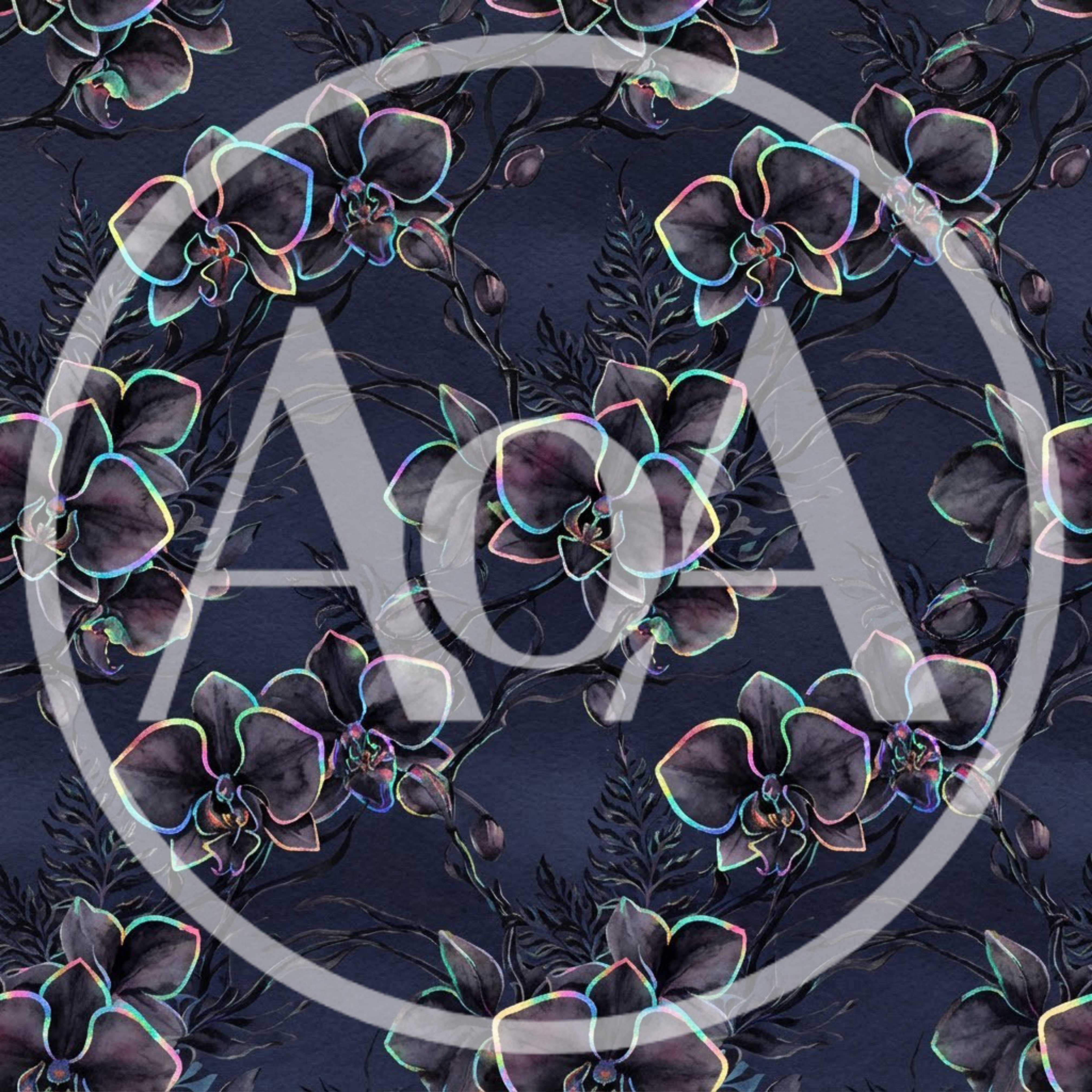 Seamless Pattern Of Dark Watercolor Orchids With Iridescent Edges