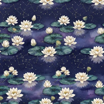 Seamless Pattern of White Water Lilies and Constellations
