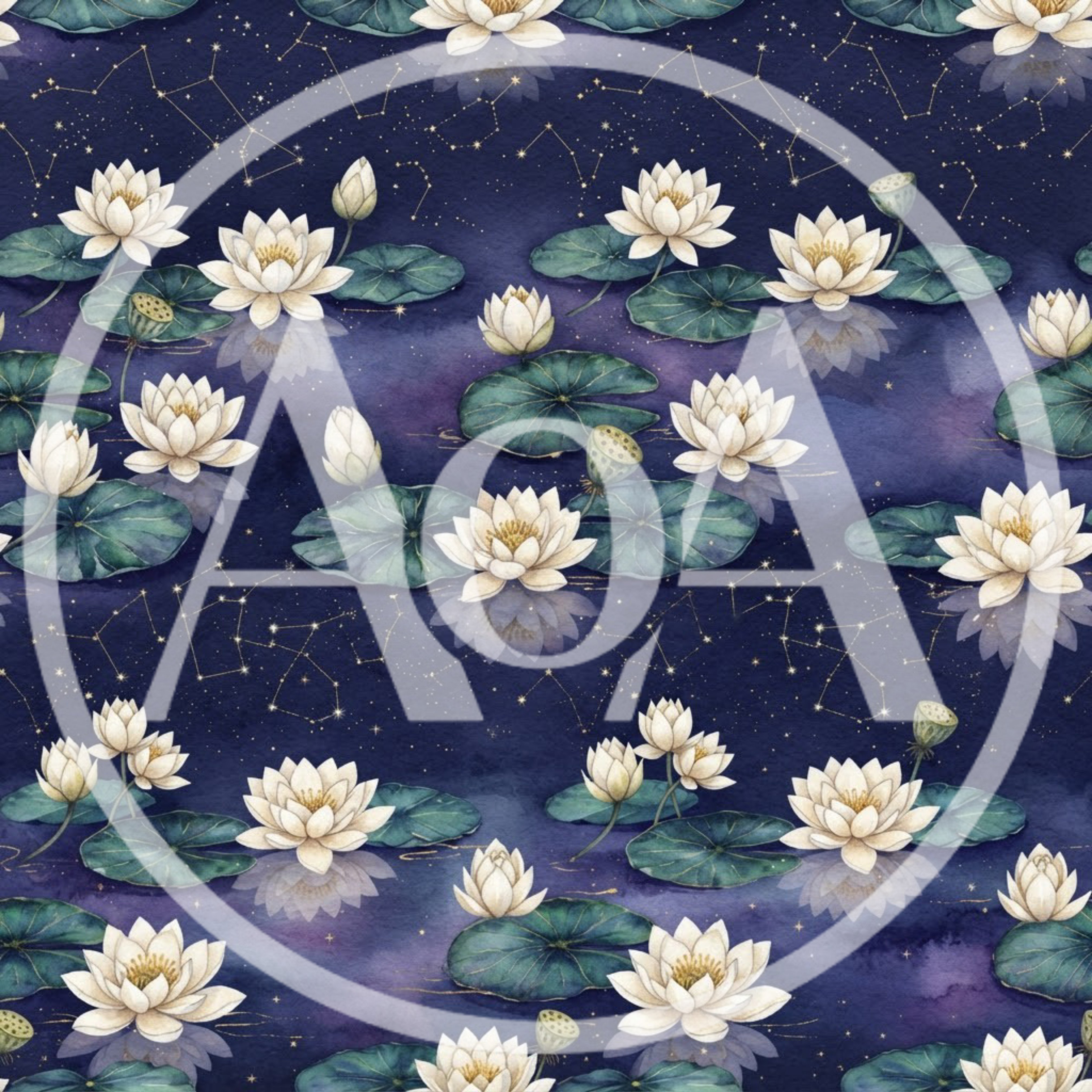 Seamless Pattern of White Water Lilies and Constellations