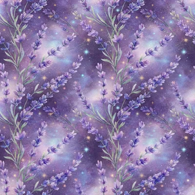 Seamless Pattern Featuring Watercolor Lavender Sprigs On Cosmic Background