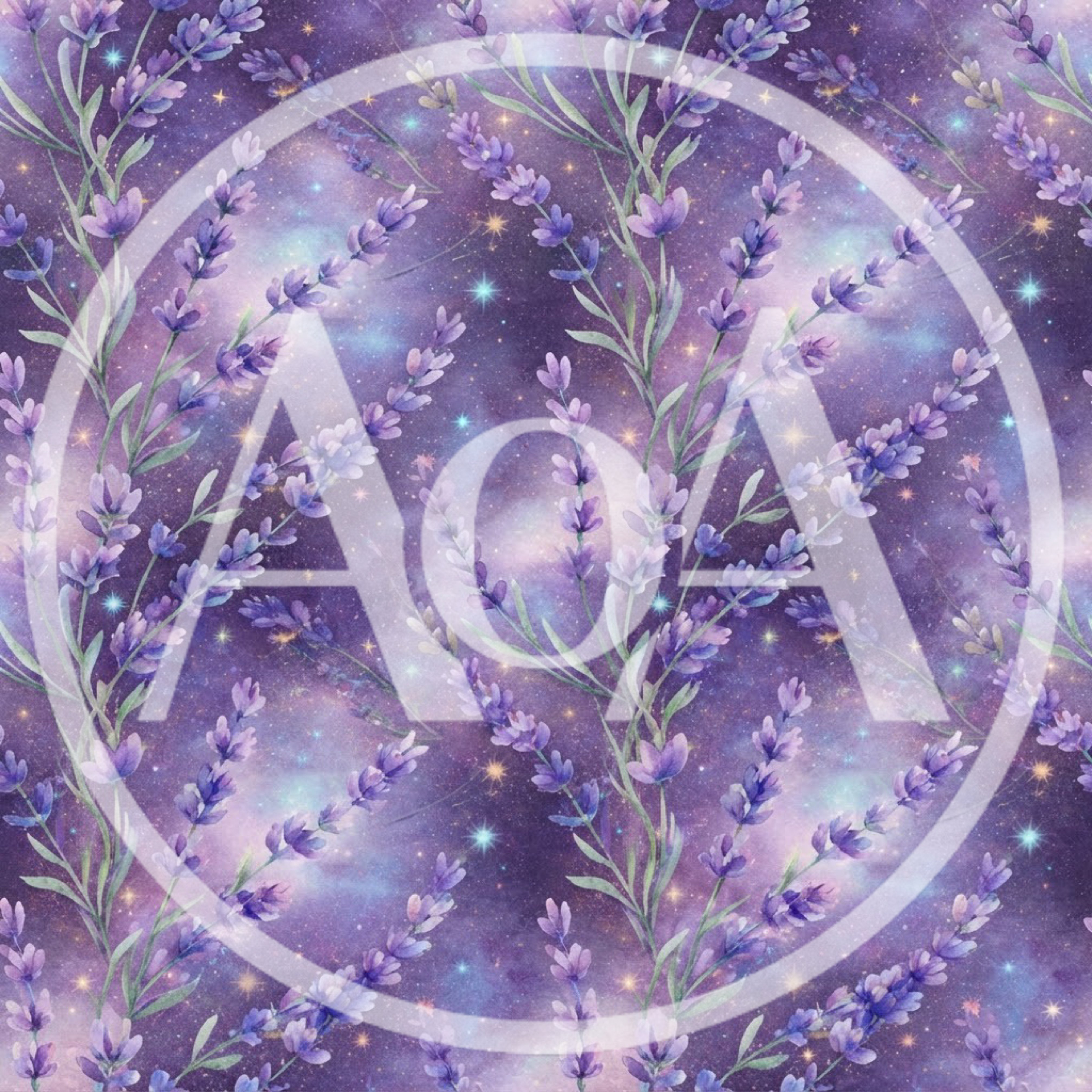 Seamless Pattern Featuring Watercolor Lavender Sprigs On Cosmic Background