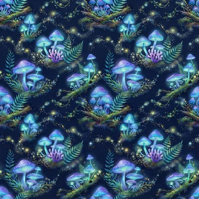 Seamless Pattern Of Glowing Bioluminescent Forest Mushrooms