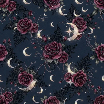 Seamless Pattern With Dark Red Roses And Crescent Moons