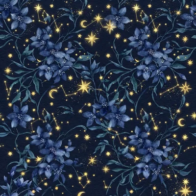 Seamless Pattern of Watercolor Blue Flowers and Golden Constellations