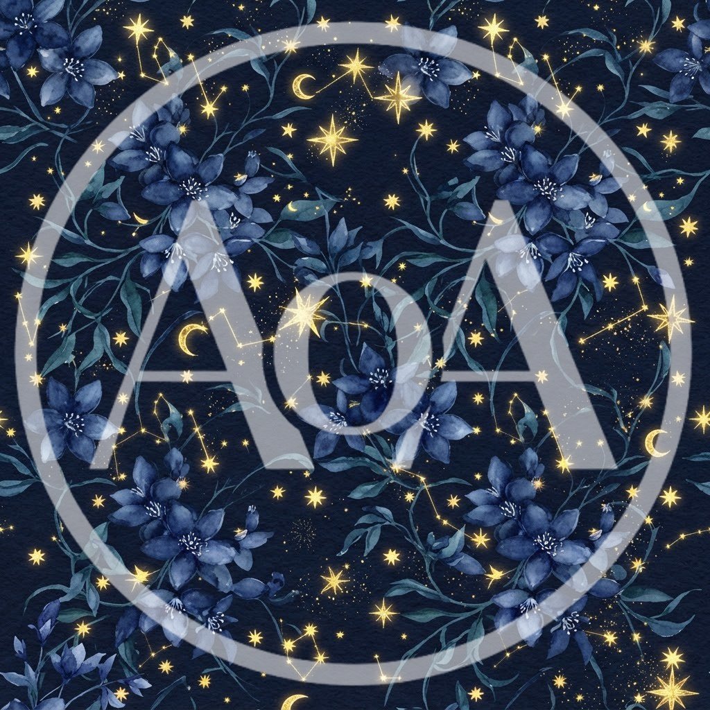 Seamless Pattern of Watercolor Blue Flowers and Golden Constellations