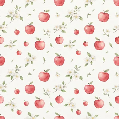 Watercolor Seamless Pattern With Red Apples And Blossoms