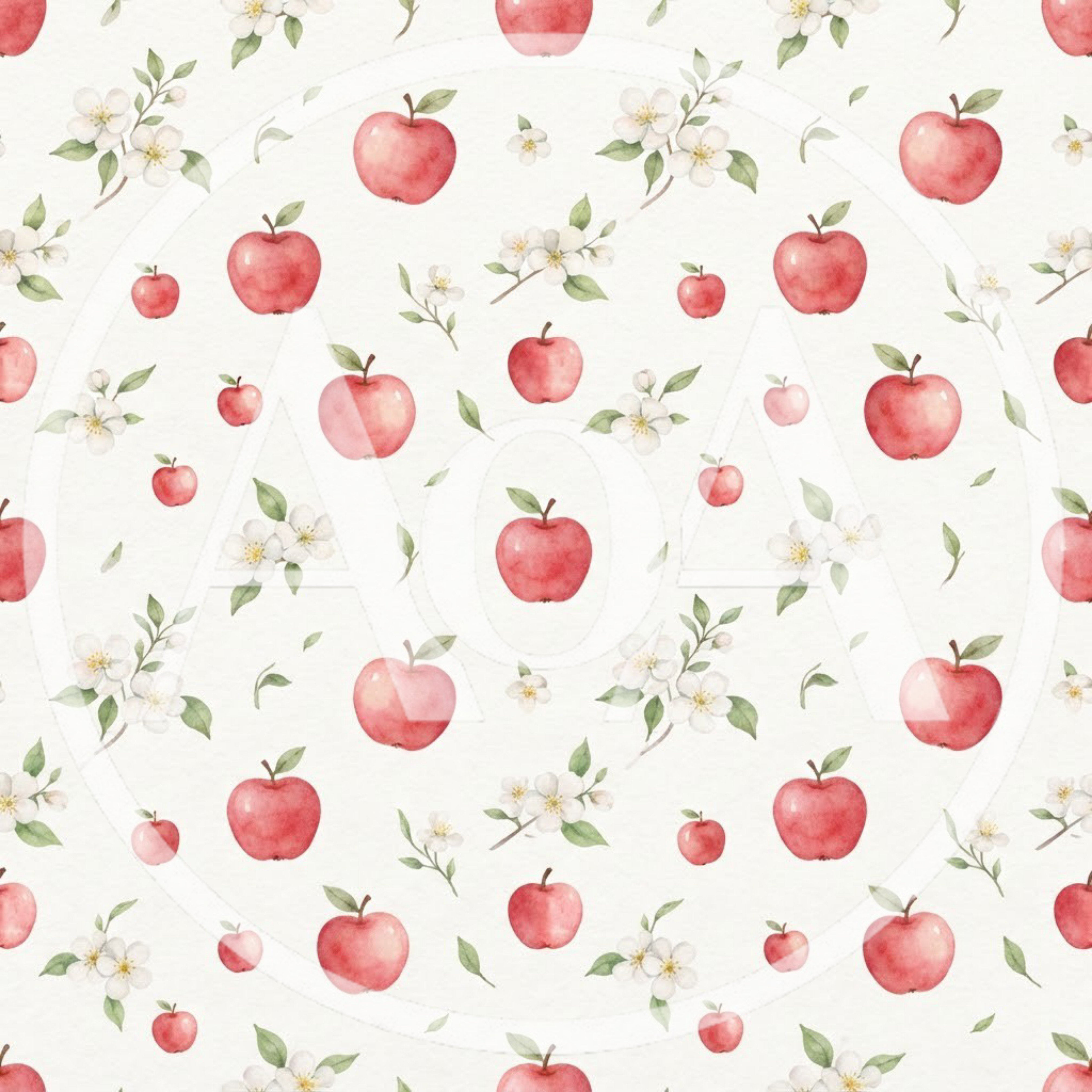 Watercolor Seamless Pattern With Red Apples And Blossoms