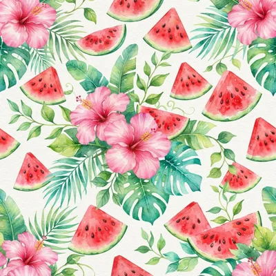 Watercolor Tropical Pattern With Hibiscus Flowers And Watermelon Slices