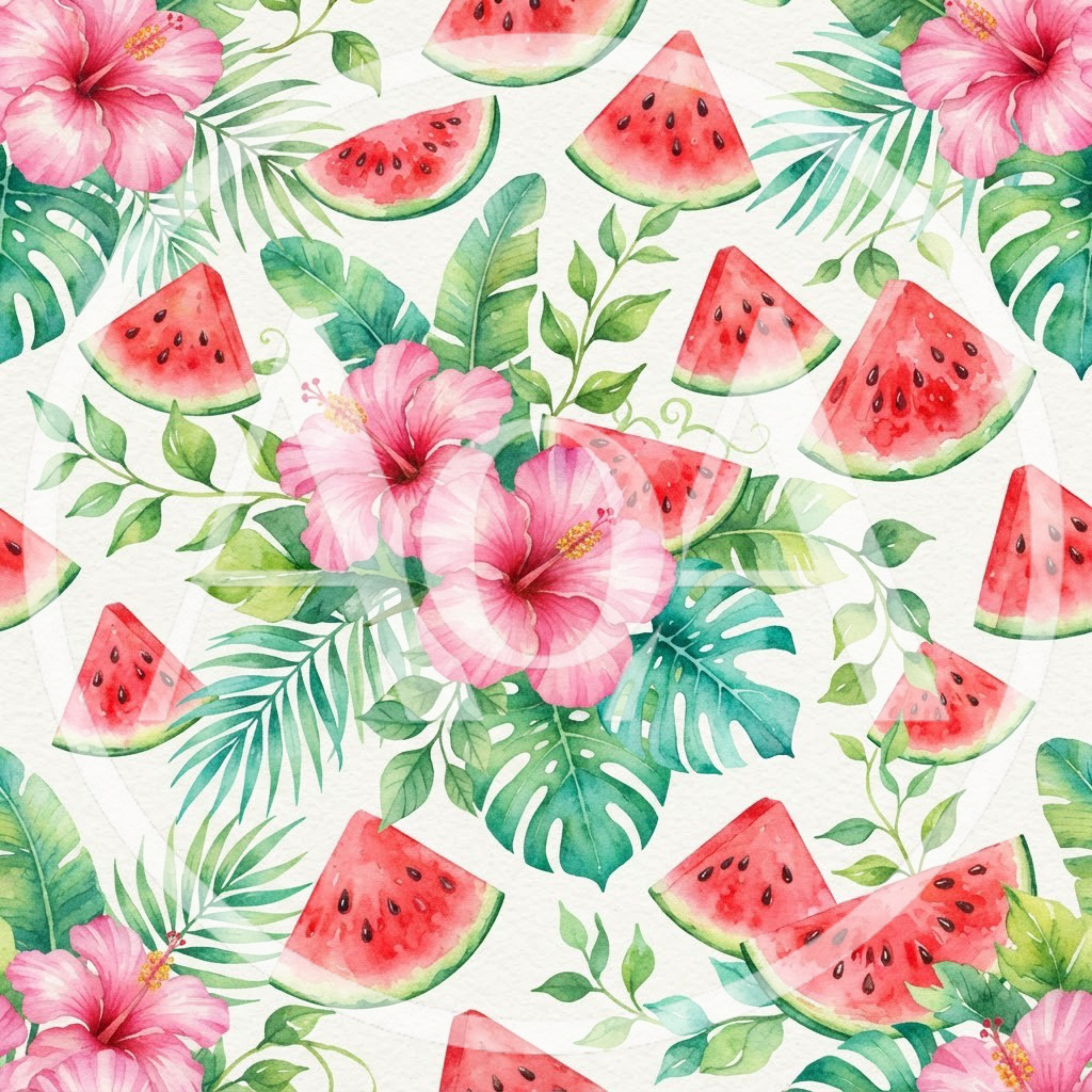 Watercolor Tropical Pattern With Hibiscus Flowers And Watermelon Slices