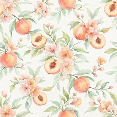 Watercolor Peach Fruit and Blossom Seamless Pattern