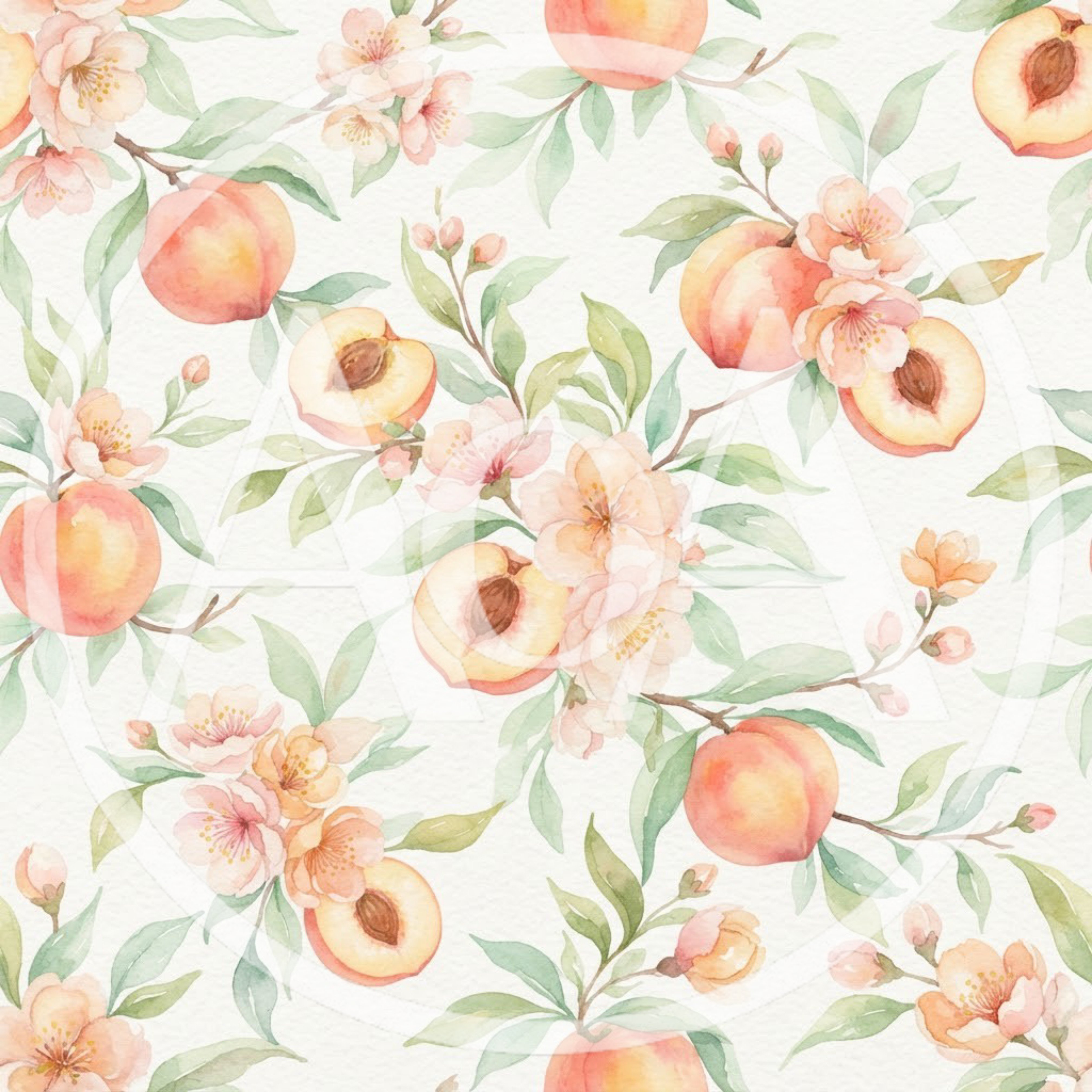 Watercolor Peach Fruit and Blossom Seamless Pattern