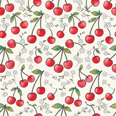 Seamless Pattern of Red Cherries and White Flowers