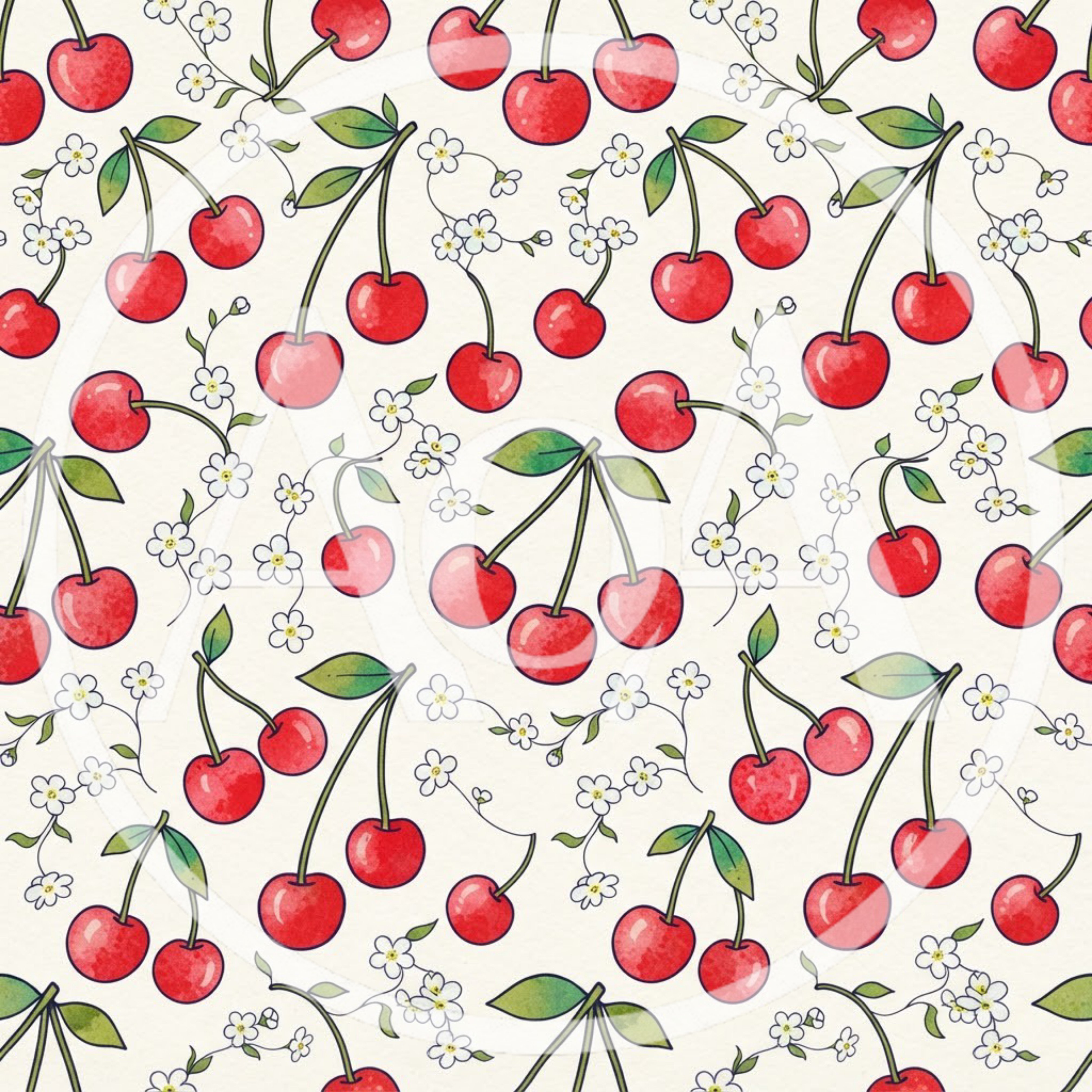 Seamless Pattern of Red Cherries and White Flowers