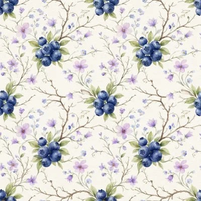 Watercolor Seamless Pattern With Blueberries And Purple Flowers