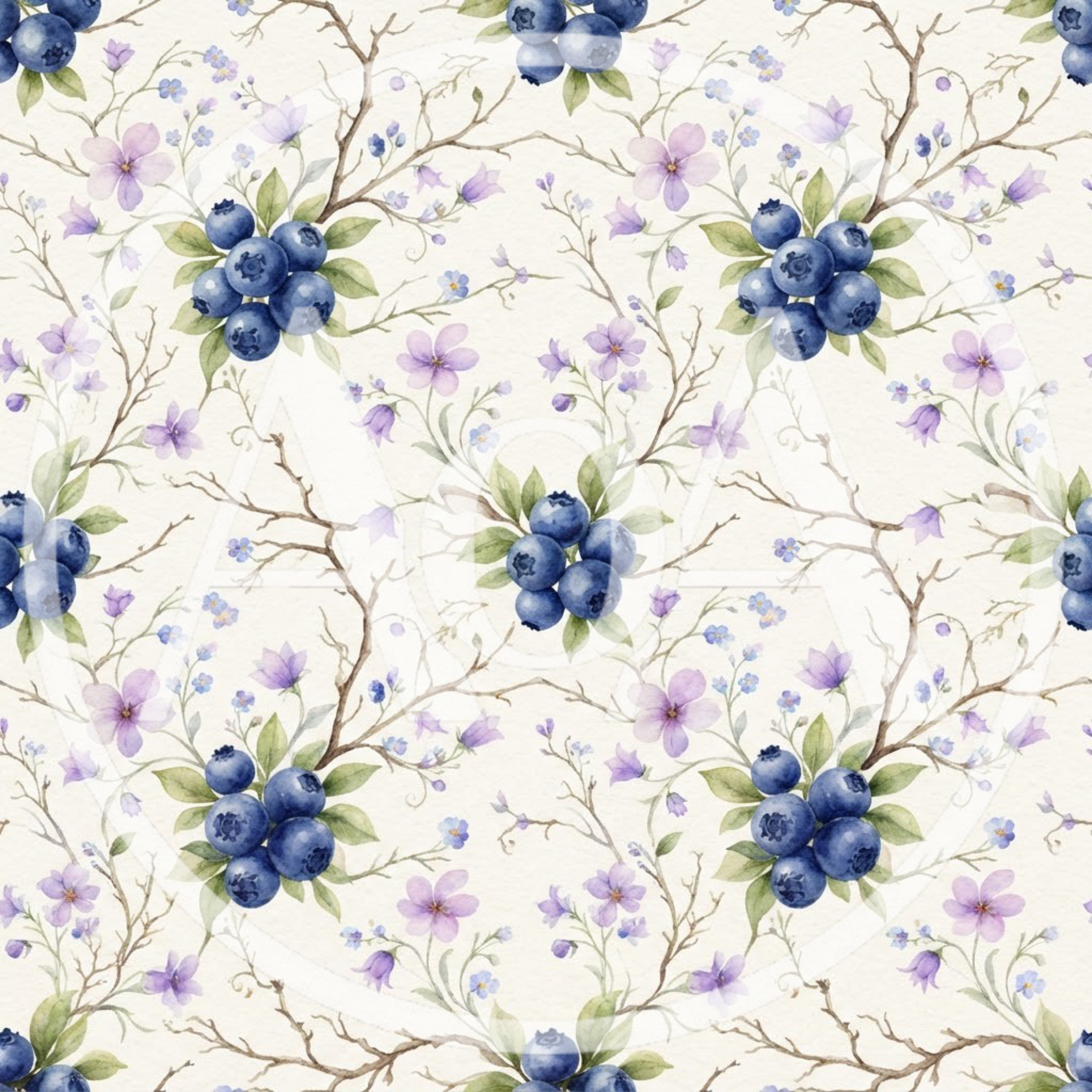 Watercolor Seamless Pattern With Blueberries And Purple Flowers
