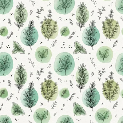 Seamless Pattern With Hand Drawn Herbs And Watercolor Spots