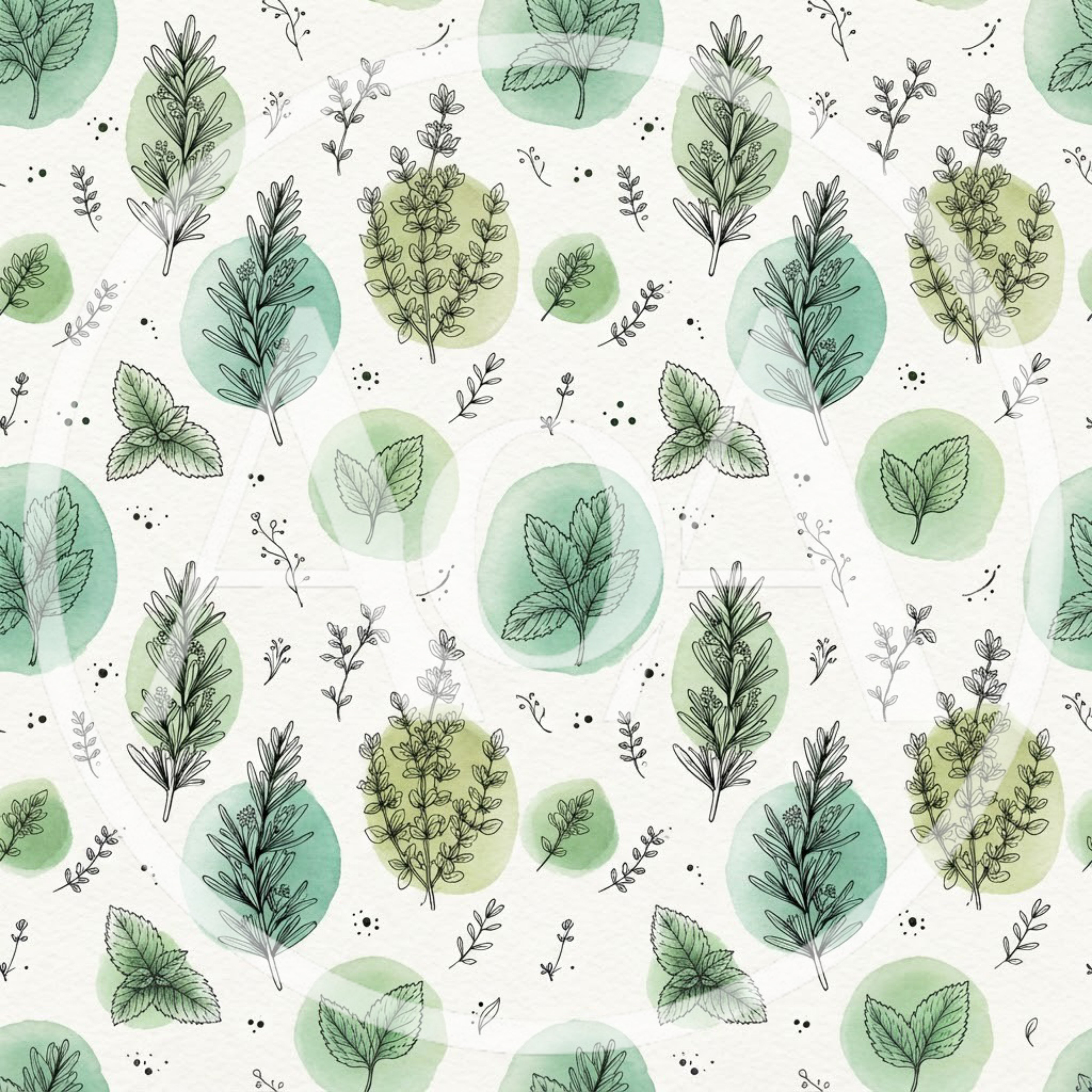 Seamless Pattern With Hand Drawn Herbs And Watercolor Spots
