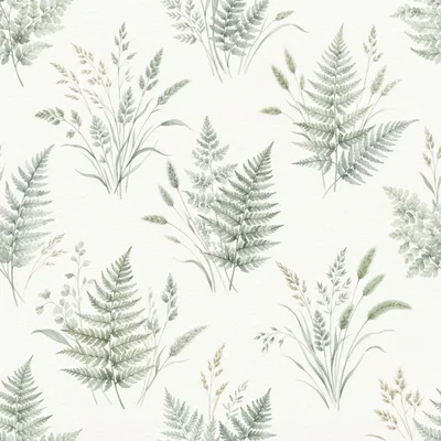 Watercolor Botanical Seamless Pattern With Ferns And Grasses