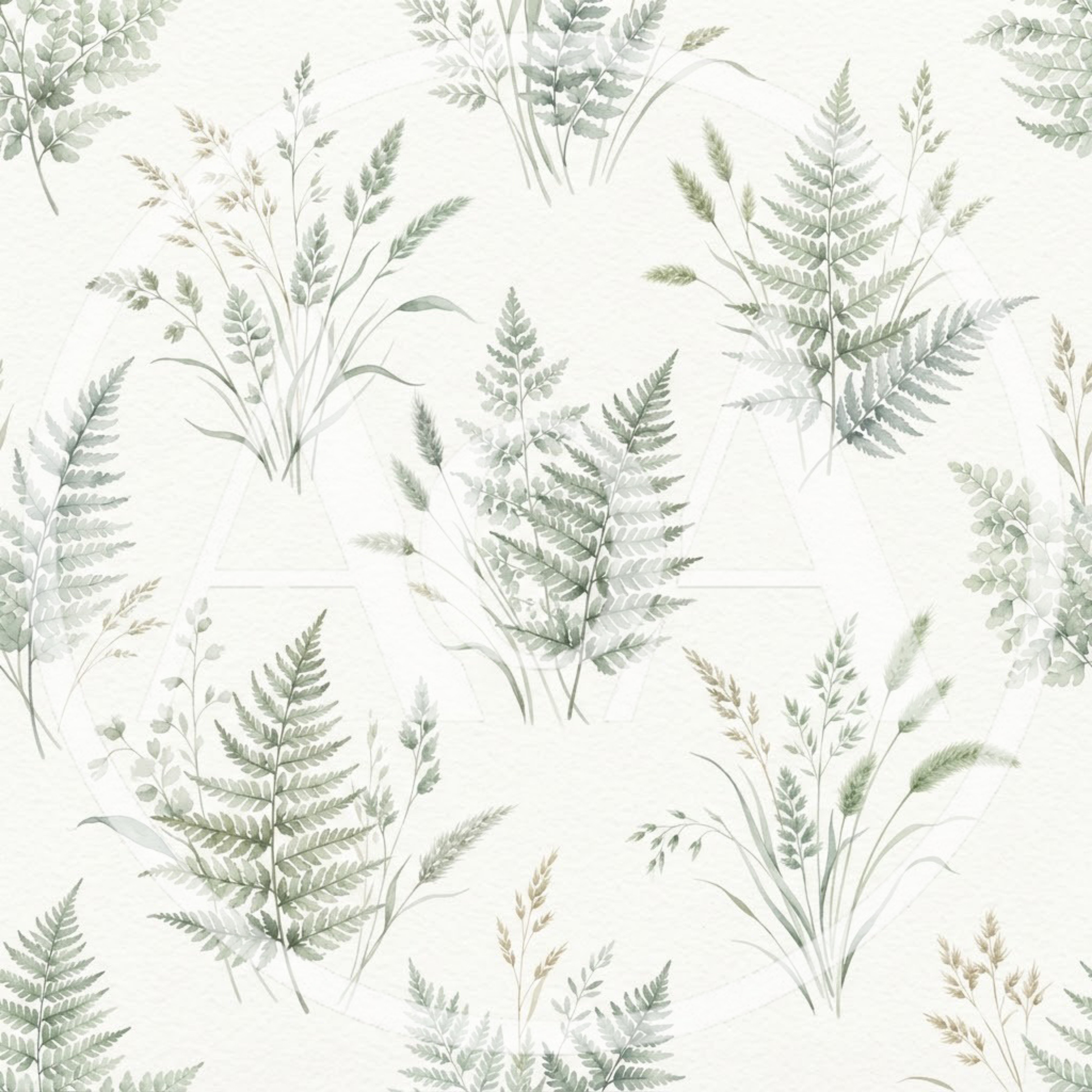 Watercolor Botanical Seamless Pattern With Ferns And Grasses