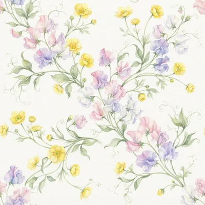 Watercolor Floral Pattern With Sweet Peas And Buttercups